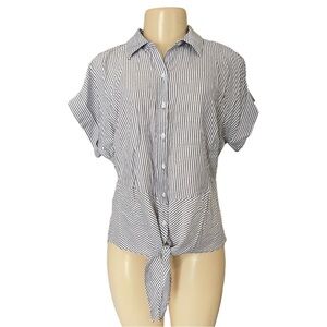 NWOT Jones New York Signature‎ Striped Button Down Tie Waist Short Sleeve Blouse